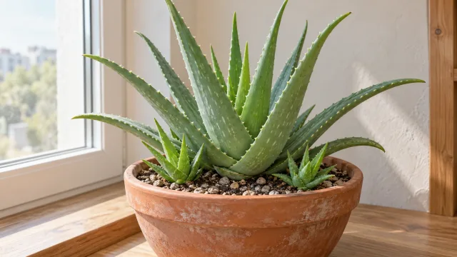 Взрослое алоэ вера с дочерними розетками в терракотовом горшке