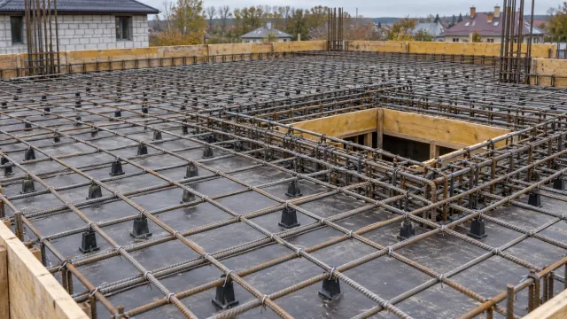 Двухслойный арматурный каркас монолитной плиты с усилением вокруг проёма