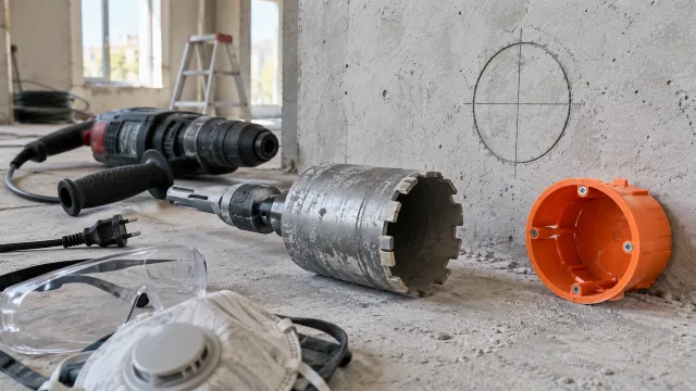 Коронка по бетону и круглая монтажная коробка возле разметки на стене