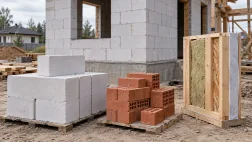 Газобетон, кирпич и каркасная стена на строительной площадке