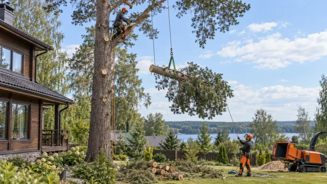 Арборист безопасно опускает часть высокого дерева возле загородного дома