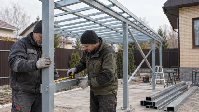 прямоугольные стальные профили и собранный каркас небольшого навеса
