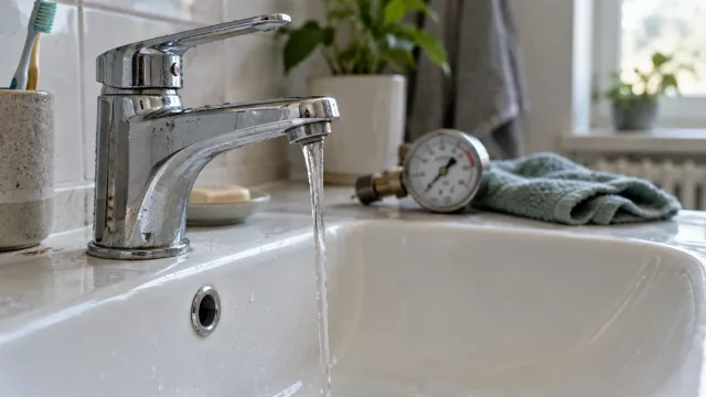 Слабая струя воды из смесителя и манометр для диагностики водоснабжения