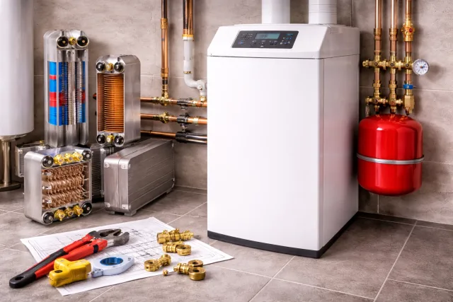 Напольный газовый котел в котельной частного дома