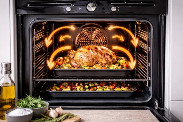 Режим конвекции в духовке на панели управления и процесс запекания